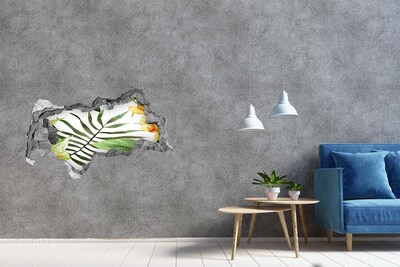 Fotomural autoadhesivo efecto agujero 3d Palmera verde a través de un agujero en la pared.