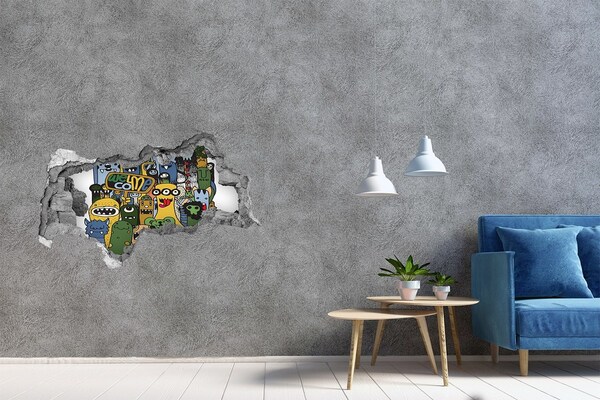 Fotomural autoadhesivo efecto agujero 3d Monstruos coloridos en un agujero en la pared