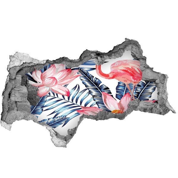 Vinilo efecto 3d pared rota irregular Paraíso tropical con flamencos