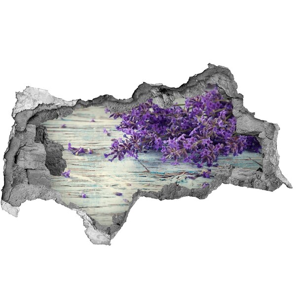Fotomural autoadhesivo efecto agujero 3d Flores de lavanda sobre un fondo de madera.