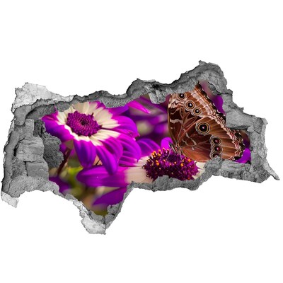 Vinilo efecto 3d pared rota irregular Mariposa sobre flores en un agujero en la pared.