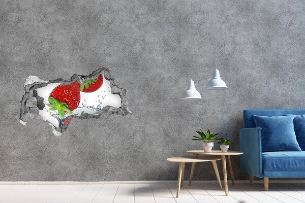 Fotomural autoadhesivo efecto agujero 3d Fresas jugosas en una explosión de agua.