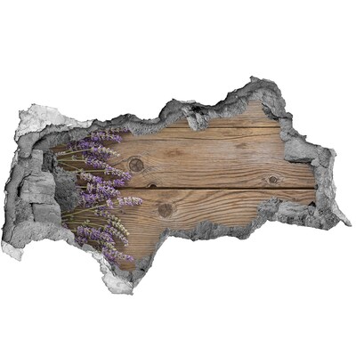 Fotomural autoadhesivo efecto agujero 3d Flores de lavanda en una caja de madera.