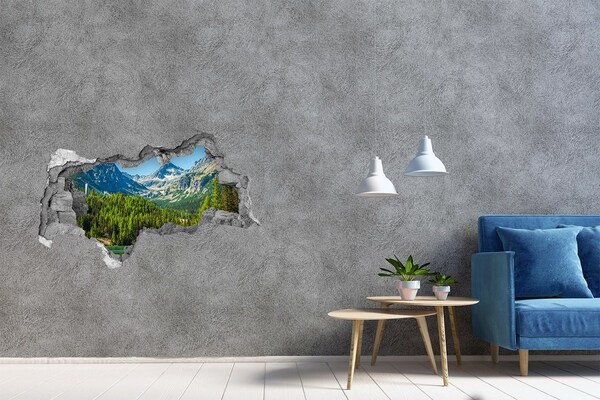 Pegatina decorativa agujero en la pared 3d Paisaje de montaña con un lago