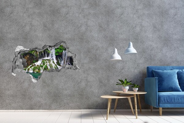 Vinilo efecto 3d pared rota irregular Una cascada en un entorno verde.