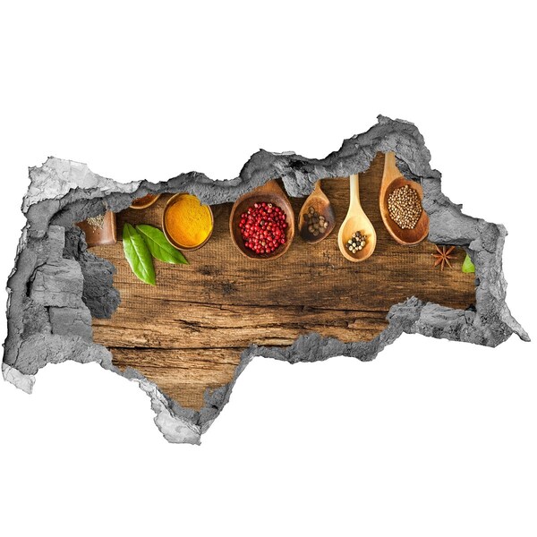 Fotomural autoadhesivo efecto agujero 3d Especias de cocina sobre una encimera de madera.