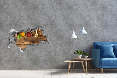 Fotomural autoadhesivo efecto agujero 3d Especias de cocina sobre una encimera de madera.