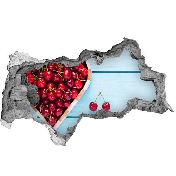 Vinilo efecto 3d pared rota irregular Cerezas dulces sobre un fondo azul