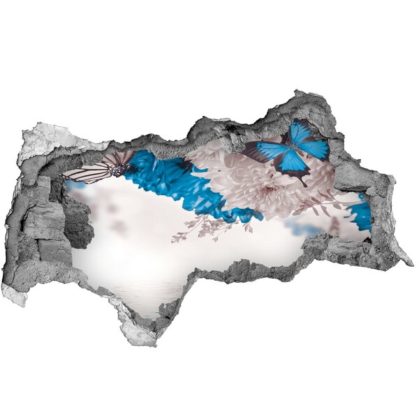 Vinilo efecto 3d pared rota irregular Paisaje floral con mariposas