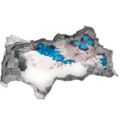 Vinilo efecto 3d pared rota irregular Paisaje floral con mariposas