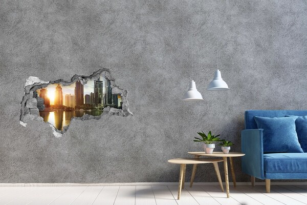 Vinilo efecto 3d pared rota irregular Una ciudad moderna junto al agua