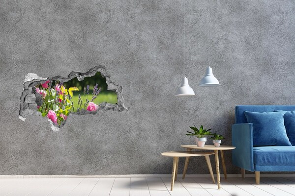 Vinilo efecto 3d pared rota irregular Un paraíso de flores detrás del muro.