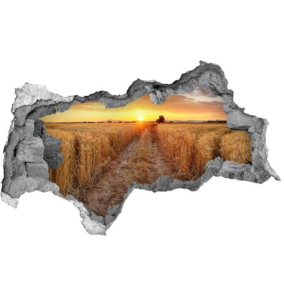 Fotomural autoadhesivo efecto agujero 3d Puesta de sol dorada sobre un campo de cereales