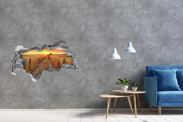 Fotomural autoadhesivo efecto agujero 3d Puesta de sol dorada sobre un campo de cereales