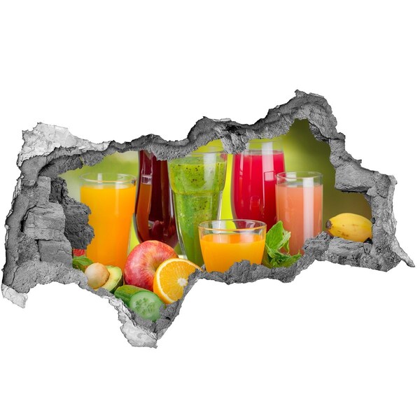 Vinilo efecto 3d pared rota irregular Frutas y batidos en el agujero en la pared.