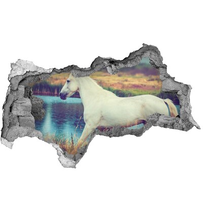 Fotomural autoadhesivo efecto agujero 3d Caballo blanco junto al lago