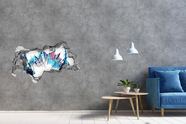 Pegatina decorativa agujero en la pared 3d Una ciudad moderna en ruinas