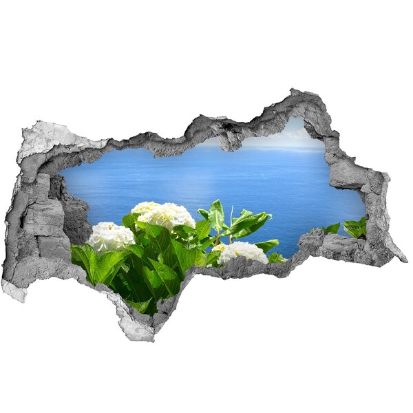 Vinilo adhesivo boquete en la pared rota Vista del mar a través de un agujero en la pared.
