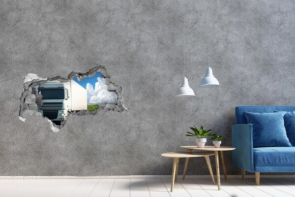 Fotomural autoadhesivo efecto agujero 3d Un camión en la carretera a través de un agujero en la pared.