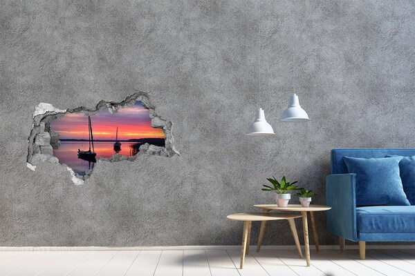 Pegatina decorativa agujero en la pared 3d Puesta de sol sobre el lago