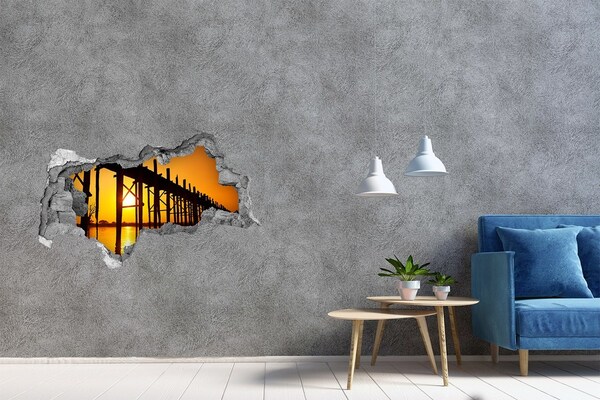 Vinilo efecto 3d pared rota irregular Puesta de sol sobre el muelle