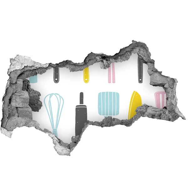 Vinilo adhesivo boquete en la pared rota Herramientas de cocina en un agujero en la pared