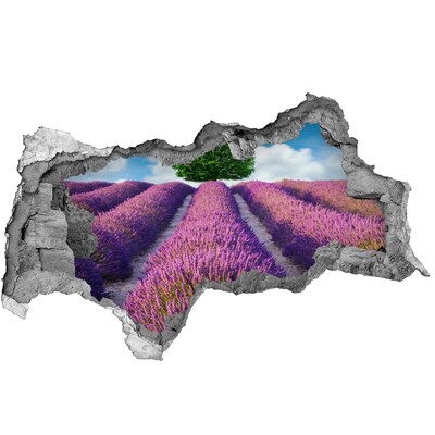 Vinilo efecto 3d pared rota irregular Campo de lavanda detrás del muro