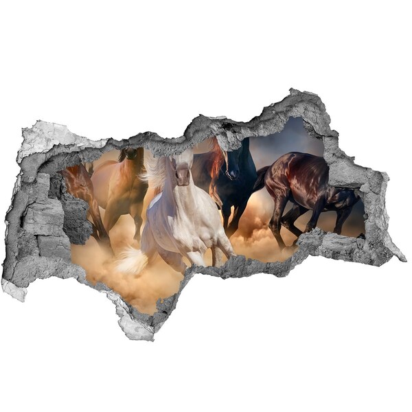 Vinilo efecto 3d pared rota irregular Caballos al galope a través del muro