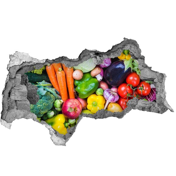 Vinilo adhesivo boquete en la pared rota Verduras y frutas coloridas en un agujero en la pared.