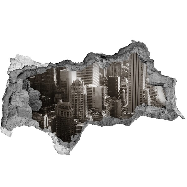 Vinilo adhesivo boquete en la pared rota Vista de la ciudad desde un agujero en la pared.