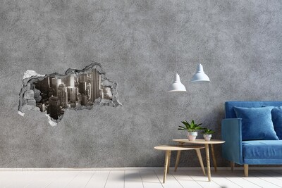 Vinilo adhesivo boquete en la pared rota Vista de la ciudad desde un agujero en la pared.