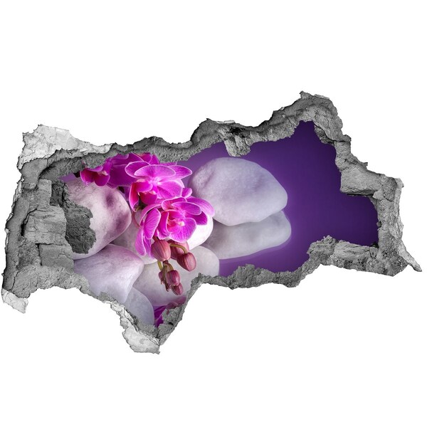 Vinilo adhesivo boquete en la pared rota Orquídeas sobre un fondo de piedras.