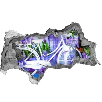 Vinilo adhesivo boquete en la pared rota Una bicicleta en un jardín lleno de flores.