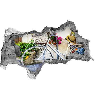 Pegatina decorativa agujero en la pared 3d Una bicicleta en un entorno floral.