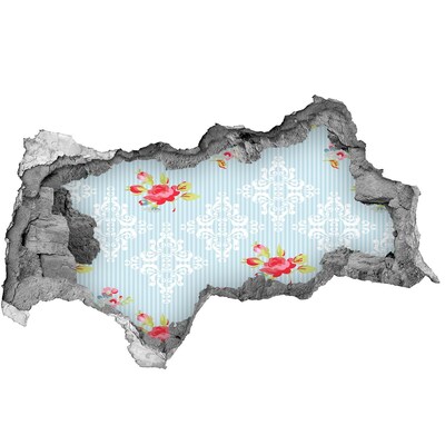 Vinilo efecto 3d pared rota irregular Patrón floral sobre fondo azul.