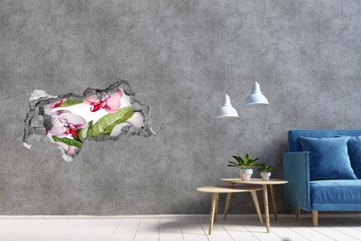 Vinilo efecto 3d pared rota irregular Un paraíso de flores detrás de los muros.