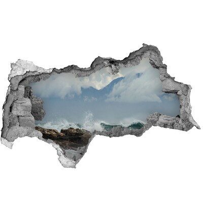 Fotomural autoadhesivo efecto agujero 3d Mar tempestuoso con fondo de montaña