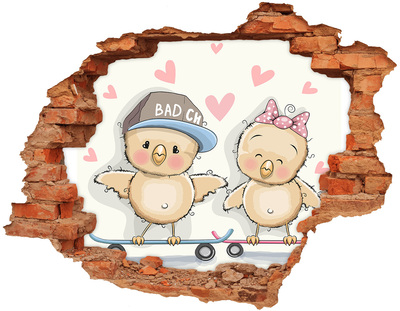 Pegatina de vinilo agujero 3d para pared Lindos pájaros en una patineta