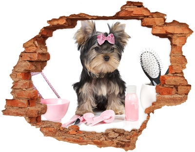 Trampantojo de pared rota efecto profundidad Un dulce Yorkshire Terrier con un lazo rosa