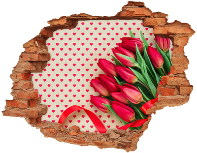 Vinilo pared rota 3d efecto realista Tulipanes en corazones