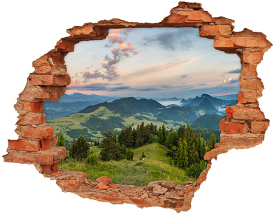 Vinilo pared rota 3d efecto realista Paisaje de montaña al amanecer