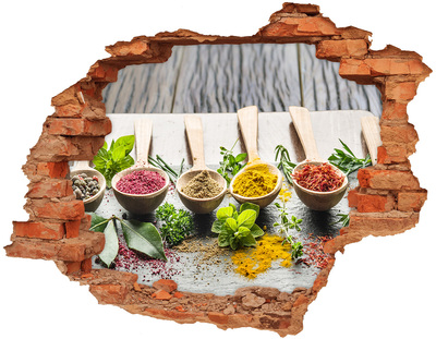 Naklejka 3D dziura na ścianę Kuchenne przyprawy w drewnianych łyżkach