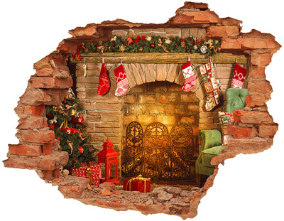 Vinilo pared rota 3d efecto realista Una chimenea con ambiente navideño