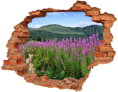 Vinilo pared rota 3d efecto realista Paisaje floral en las montañas