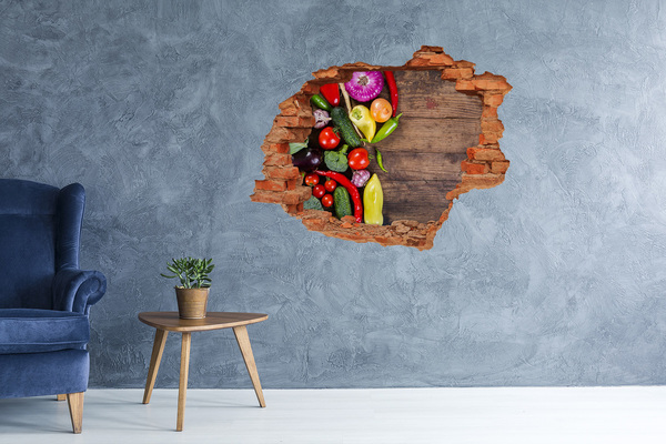 Trampantojo de pared rota efecto profundidad Frutas y verduras en un agujero en la pared