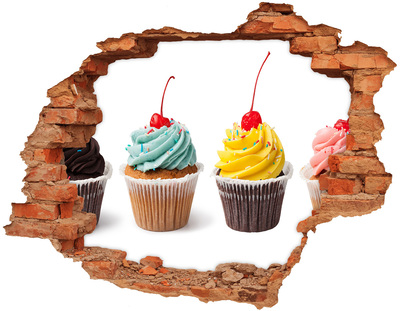 Vinilo pared rota 3d efecto realista Deliciosos cupcakes en un agujero en la pared