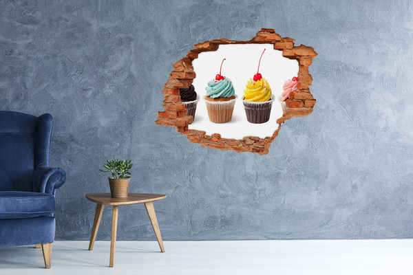 Vinilo pared rota 3d efecto realista Deliciosos cupcakes en un agujero en la pared