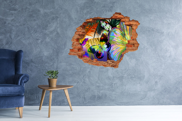 Vinilo pared rota 3d efecto realista Una mariposa colorida en un agujero en la pared