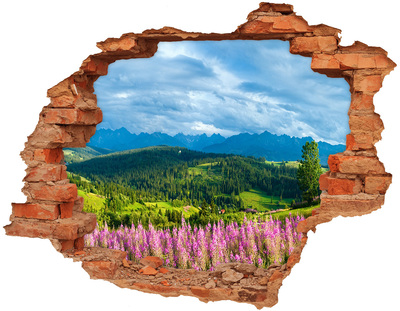 Pegatina de vinilo agujero 3d para pared paisaje de montaña con flores