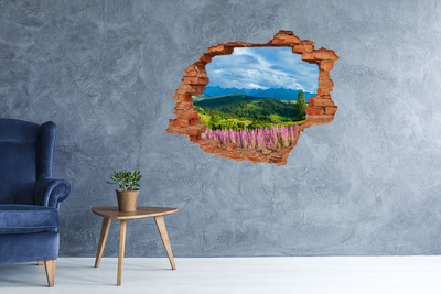 Pegatina de vinilo agujero 3d para pared paisaje de montaña con flores